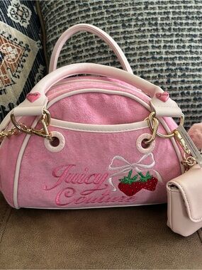 Juicy Couture Pink Velvet Strawberry Embroidered Satchel